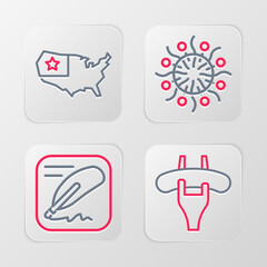 Set line Sausage on the fork, Declaration of independence, Firework and USA map icon. Vector