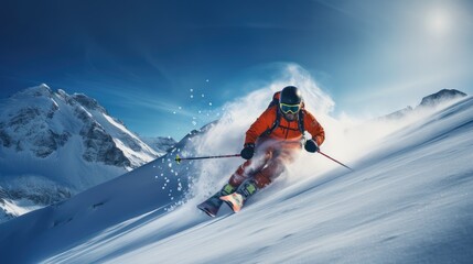 Naklejka na ściany i meble Skier Skiing on the Snow Mountain, Skiing Man Going Downhill, Extreme Winter sports. Generative Ai