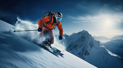 Skier Skiing on the Snow Mountain, Skiing Man Going Downhill, Extreme Winter sports. Generative Ai
