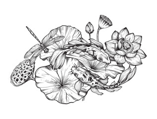 Vector composition with hand drawn blooming lotus flowers and leaves