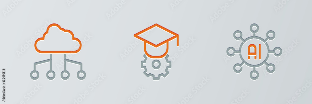 Poster set line neural network, network cloud connection and graduation cap icon. vector