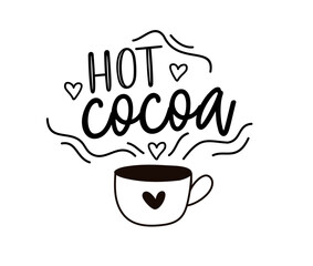 Hot cocoa. Vector logo word. Design poster, flyer, banner, menu cafe. Hand drawn calligraphy text. Typography cocoa logo. Signboard icon hot cocoa. Black and white illustration with cup.