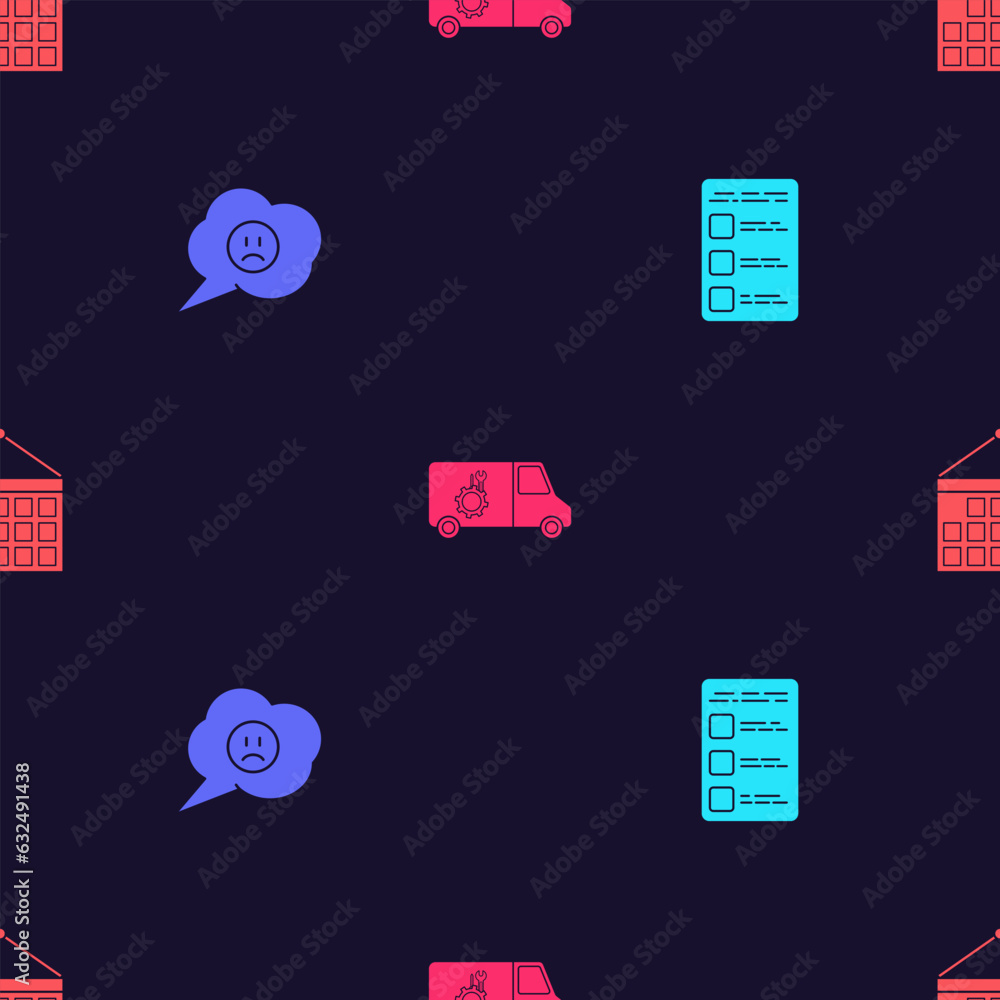 Aufkleber set create account screen on mobile, speech bubble with sad smile, car service and calendar on seaml