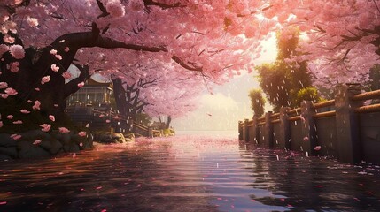a body of water with pink flowers and trees around it