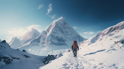 a person hiking up a snowy mountain - obrazy, fototapety, plakaty