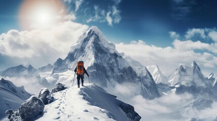 a person hiking up a snowy mountain