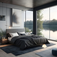 Modern style bedroom in the middle of a peaceful lake. Generative AI.