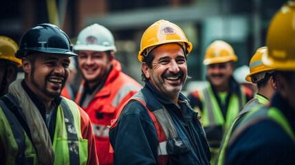 Happy team of construction workers wearing helmets and smiling
