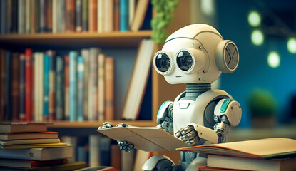Fototapeta premium Cute little robot surrounded by books in a library