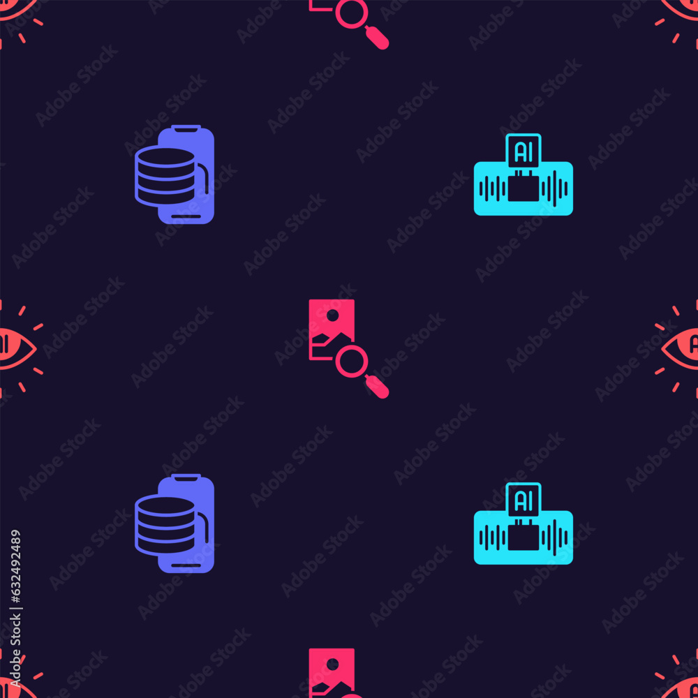 Poster set artificial intelligence ai, cloud technology data transfer, photo retouching and on seamless pat