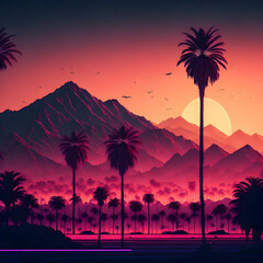 serene sunset, palm trees, mountains, and nature in captivating tropical landscape., generative AI