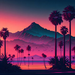 serene sunset, palm trees, mountains, and nature in captivating tropical landscape., generative AI