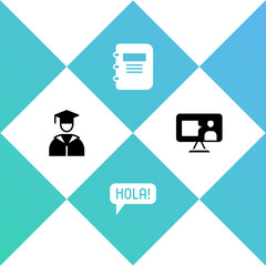 Set Graduate and graduation cap, Hola in different languages, Notebook and Foreign online study icon. Vector © vector_v