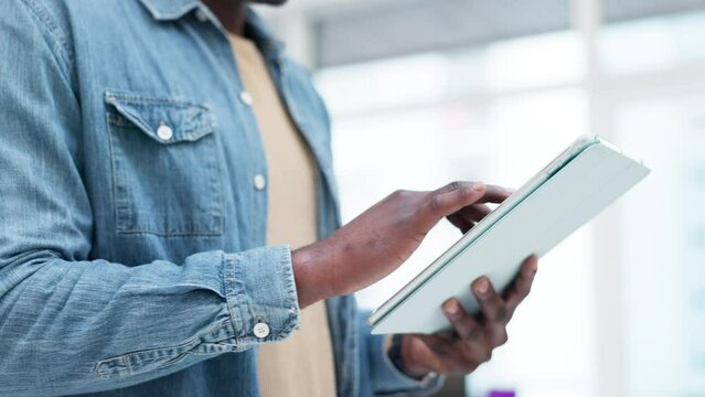 Hands, man and scroll on tablet in home to watch movies, streaming internet show or download app. Closeup of guy, digital technology and social media connection for ebook, web blog or online shopping