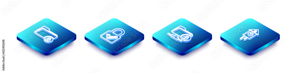 Aufkleber set isometric line folder and lock, lock check mark, ftp folder and retro wall watch icon. vector