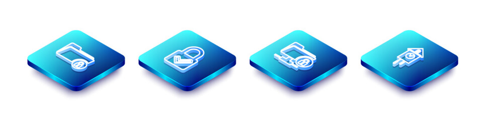 Set Isometric line Folder and lock, Lock check mark, FTP folder and Retro wall watch icon. Vector