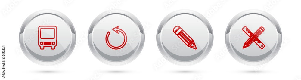 Poster set line bus, refresh, pencil and crossed ruler and pencil. silver circle button. vector