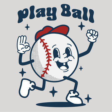 vector retro mascot baseball with text play ball character vector illustration, perfect for t-shirt design, sticker, poster, logo, badge etc
