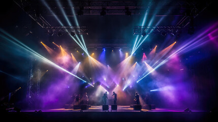 Concert Stage Scenery With Spotlights Colored Lights Smoke. Generative AI