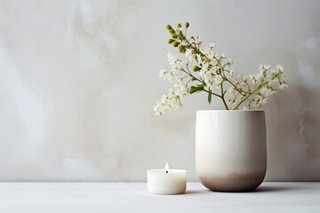 A scented candle placed on a white table adorned with vases, Generative Ai - obrazy, fototapety, plakaty