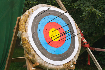 Target for archery struck by arrows, close-up photo.