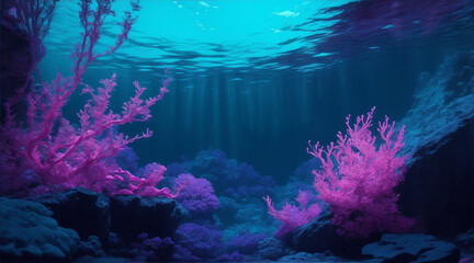 Fototapeta na wymiar Neon Underwater landscape by Generative AI