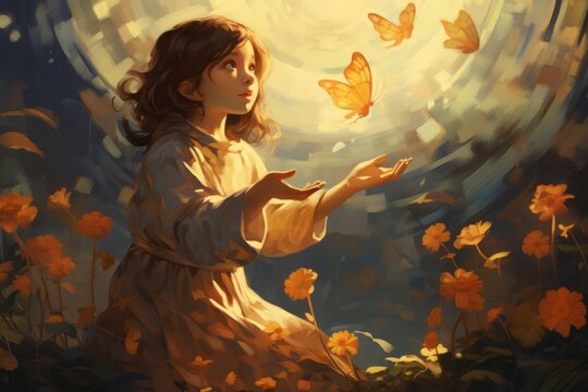 Girl with butterflies. Beautiful illustration picture. Generative AI