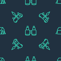 Obraz premium Set line Binoculars, Camping gas stove and Tourist tent on seamless pattern. Vector