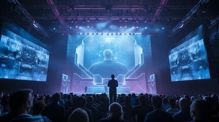a crowd of people in front of a stage with a large screen