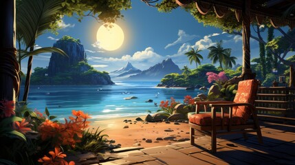 Fototapeta premium Dream vacation landscape place. Beautiful illustration picture. Generative AI