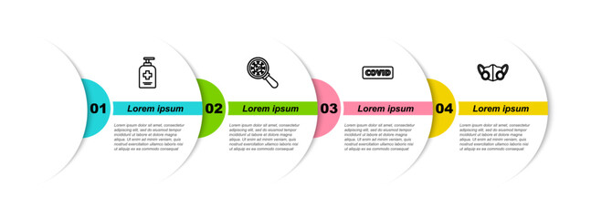Set line Liquid antibacterial soap, Virus under magnifying glass, Corona virus covid-19 and Medical protective mask. Business infographic template. Vector