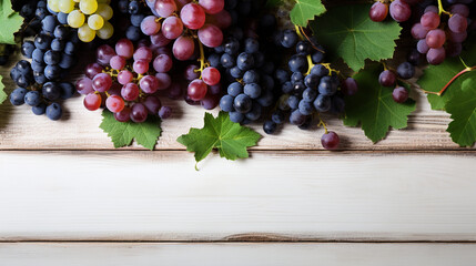 A white background hosts a panoramic, top-down view of a wine bottle accompanied by a wineglass, corkscrew, and a cluster of grapes. Ample space is available for adding text to thi  - obrazy, fototapety, plakaty