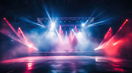 Concert Stage Scenery With Spotlights Colored Lights Smoke. 