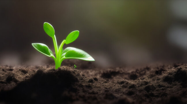 Green sprouts in dark soil against a blurred background by Generative AI