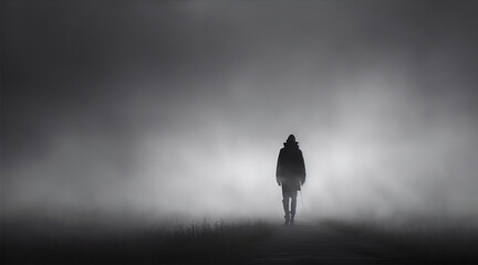 Dark silhouette standing in fog walking alone outdoors by Generative AI - Powered by Adobe