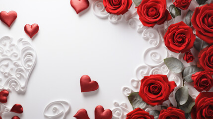 Design components for a Valentine's Day banner backdrop. A red rose blossom, ornate red heart embellishment, and graceful ribbon arranged on a pristine white surface in a flat lay 