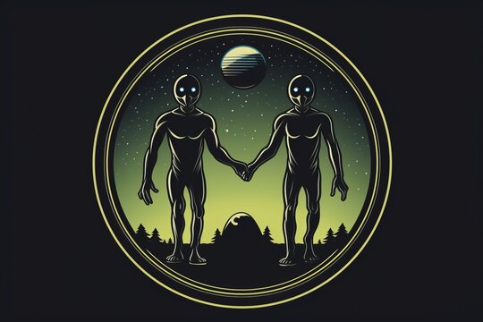 Circular logo of aliens that are holding hands. Beautiful illustration picture. Generative AI