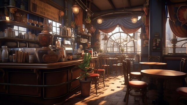 a bar with tables and chairs