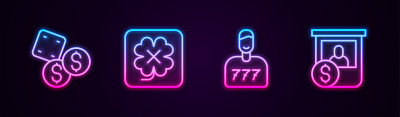 Set line Game dice, Casino slot machine, Lucky player and chips exchange. Glowing neon icon. Vector