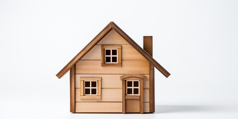 Obraz na płótnie Canvas A wooden house standing alone against a white background. Symbolizing concepts of house ownership, mortgage, property management, investment, and family. Generative AI