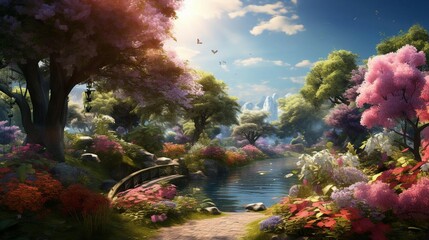 a river with colorful flowers and trees