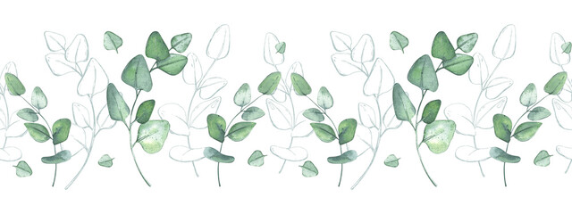Obraz premium Eucalyptus. Seamless pattern border. Branches of greenery. Botanical watercolor illustration for packaging design, wallpapers, ceramics, textiles