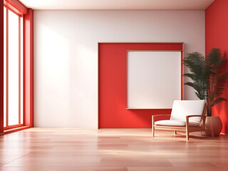 Creative interior concept. Abstract red room with blank empty frame and white oak wooden flooring with interesting light shadow. Template for product presentation. Mock up, 3D rendering, Generate Ai
