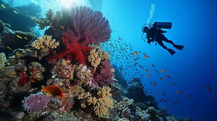 a scuba diver swimming near a coral reef