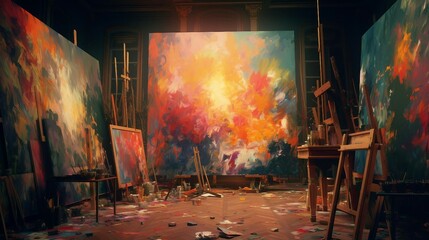 a room with a large painting