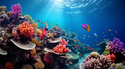 a coral reef with fish and fish - obrazy, fototapety, plakaty