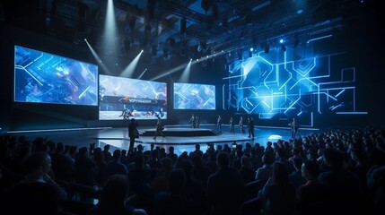 a group of people on a stage with large screens and a crowd watching