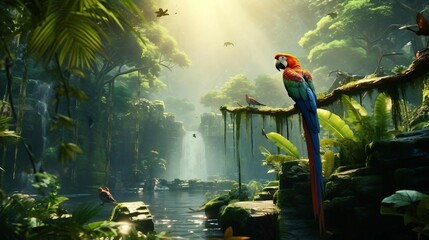 a colorful bird in a tropical forest