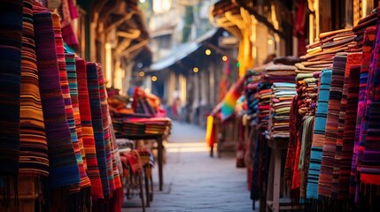 a street with rows of colorful fabric