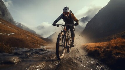 a man riding a bike on a dirt road in the mountains